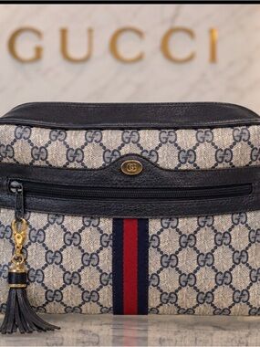 Authentic Gucci Vintage GG Canvas Crossbody with Navy & Red Web Stripe Tassel